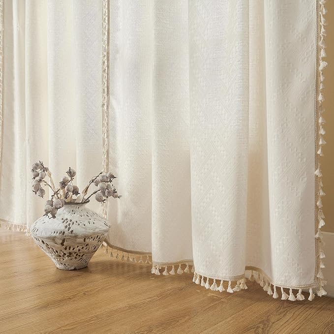 Joydeco Custom Boho Curtains 1 Panel, Boho Curtains for Bedroom Living Room, Super Soft Light Filtering Country Rustic Semi Sheer Farmhouse Curtains Rod Pocket (Custom, Beige)
