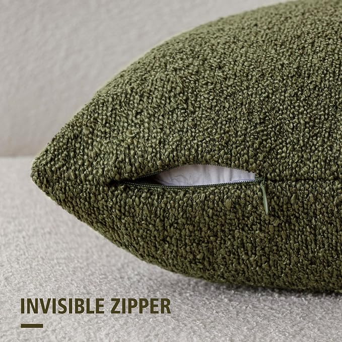 Foindtower Set of 2, Decorative Textured Boucle Throw Pillow Covers Accent Solid Pillow Cases Neutral Soft Cozy Couch Cushion Case for Chair Sofa Bedroom Living Room Home Decor 16x16 Inch Moss Green