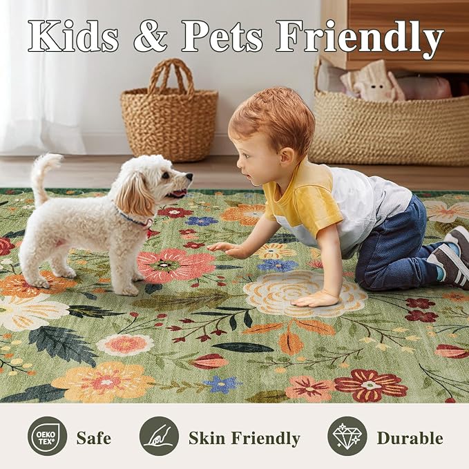 4ft Round Machine Washable Area Rug for Living Room, Light Green Vintage Boho Floral Rug Non-Slip Low Pile Soft Faux Wool Carpet Kids and Pets Friendly for Bedroom Nursery Farmhouse Home Decor Rug