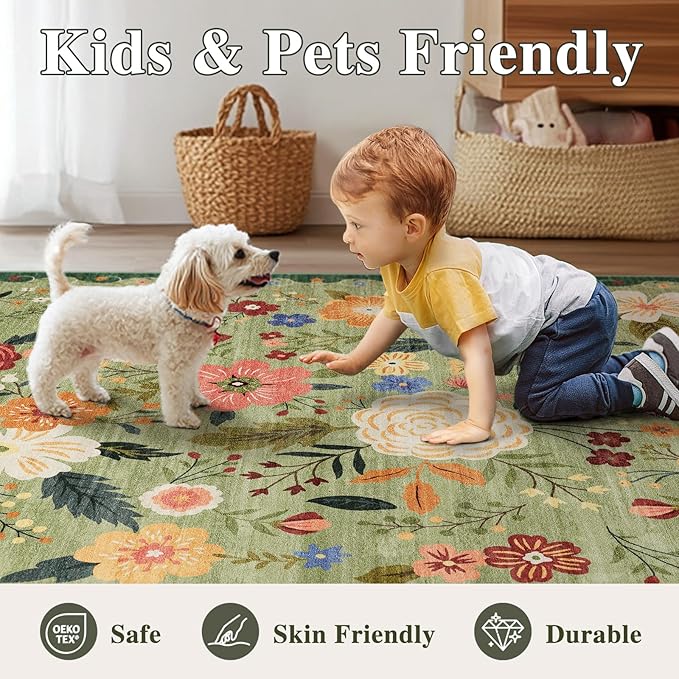 2x4 Washable Runner Rug Kitchen Hallway Area Rug Vintage Boho Floral Ultra Non-Slip Low Pile Soft Faux Wool Carpet Kids and Pets Friendly for Bathroom Bedroom Entryway Nursery Home Rug Light Green