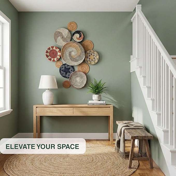 Set of 12 Woven Basket Wall Decor, Decorative Plates for Wall, Unique Wicker Wall Art Decor, Decorative Baskets for Livingroom Bedroom