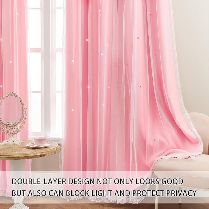 XiDi Pink Curtains for Girls Nursery Room 90 Inches Long Blackout Double Layer Curtains with Sheer Overlay for Kids Toddler Princess Bedroom Living Room Darkening Grommet Window Drapes W52 X L90
