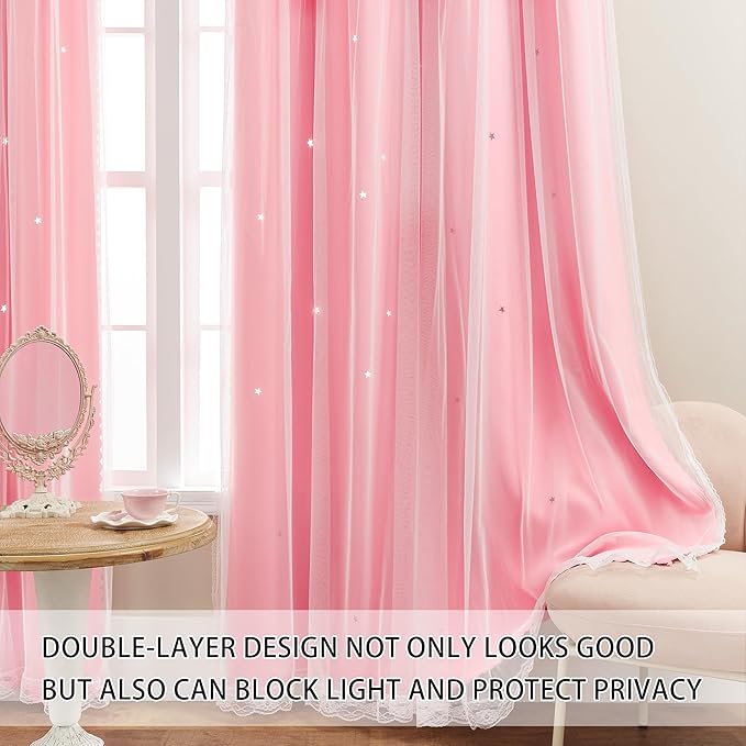 XiDi Pink Blackout Curtains for Girls Bedroom Living Room 108 Inches Long 2 Panels Hollow Star Nursery Kids Thermal Insulated Room Darkening Drapes Grommet Noise Reducing Window Curtains 42Wx108L