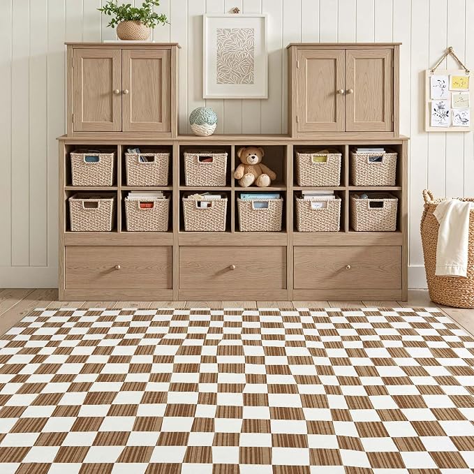 jinchan 5x7 Brown Checkered Area Rugs for Kids Room - Machine Washable Rug Modern Neutral Geometric Lattice Soft Non-Slip Carpet for Nursery Playroom Classroom Living Room Bedroom Home Office