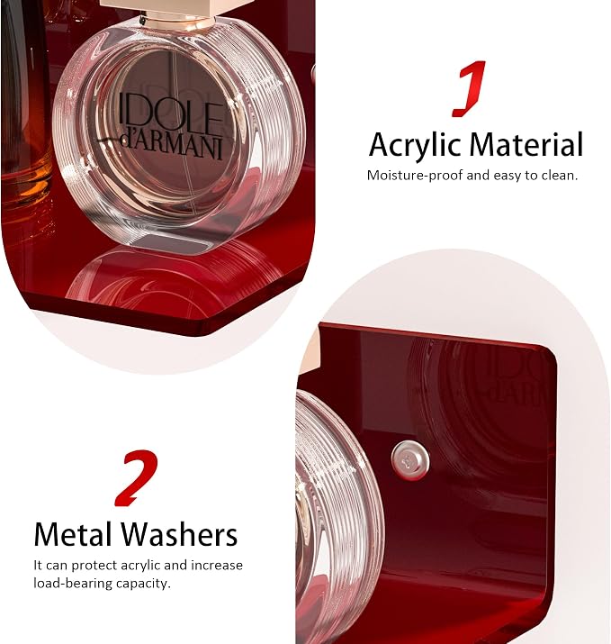 Sezanrpt 9 Inch Red Acrylic Small Wall Shelf, Home Wall Display Ledges for Storage, Room Décor, Space Saving, Items Organizer, 2 Pack