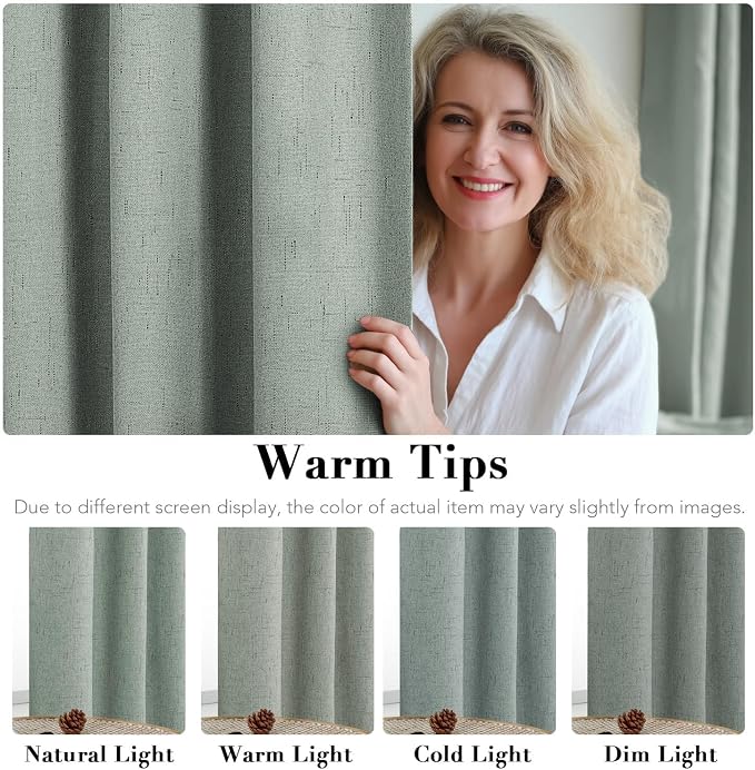 H.VERSAILTEX Linen Curtains 100% Blackout Curtains for Bedroom 90 inch Long Full Light Blocking Nature Linen Blended Window Curtains for Living Room Nickel Grommet (2 Panels, Green Bay)