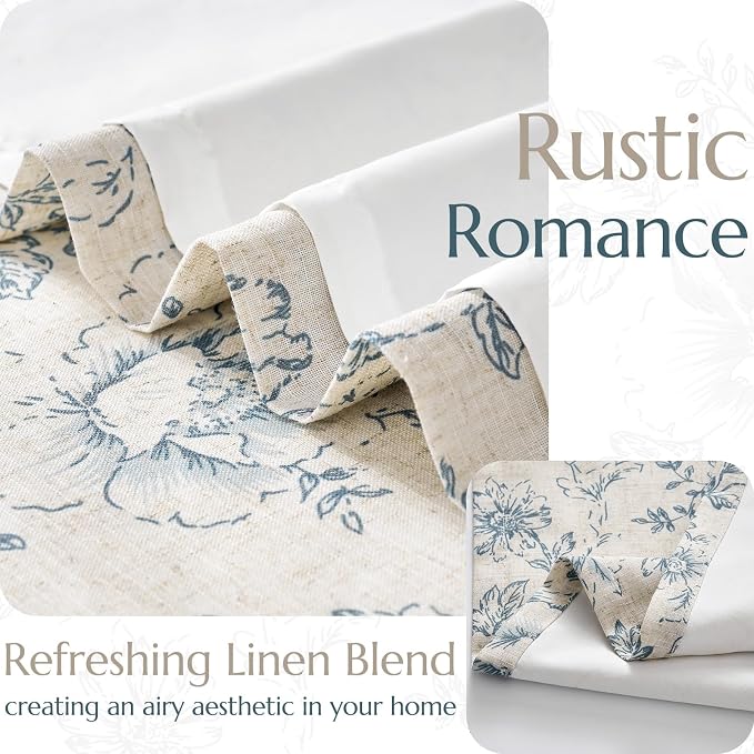 jinchan Floral Linen Curtains with Lined for Living Room 84 Inches Long Farmhouse Vintage Blue Peony Flower Printed Curtains Rod Pocket Back Tab Drapes Bedroom Window Treatments 2 Panels