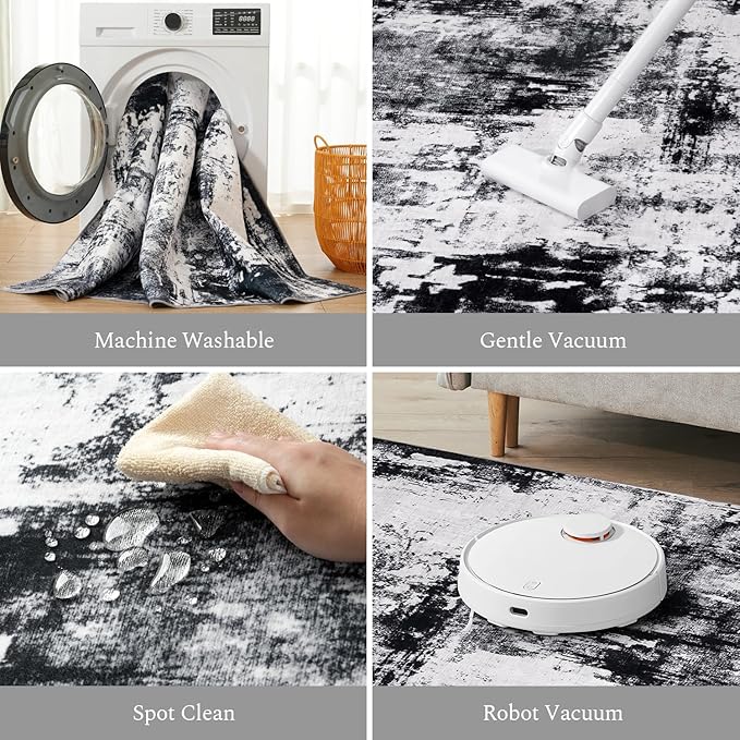 Rugflix 5x8 Area Rugs for Living Room, Washable Large Rug Stain-Resistant Low Pile, Modern Dark Carpet for Dining Room Home Office Kid Room Nursery Bedroom, Black Grey