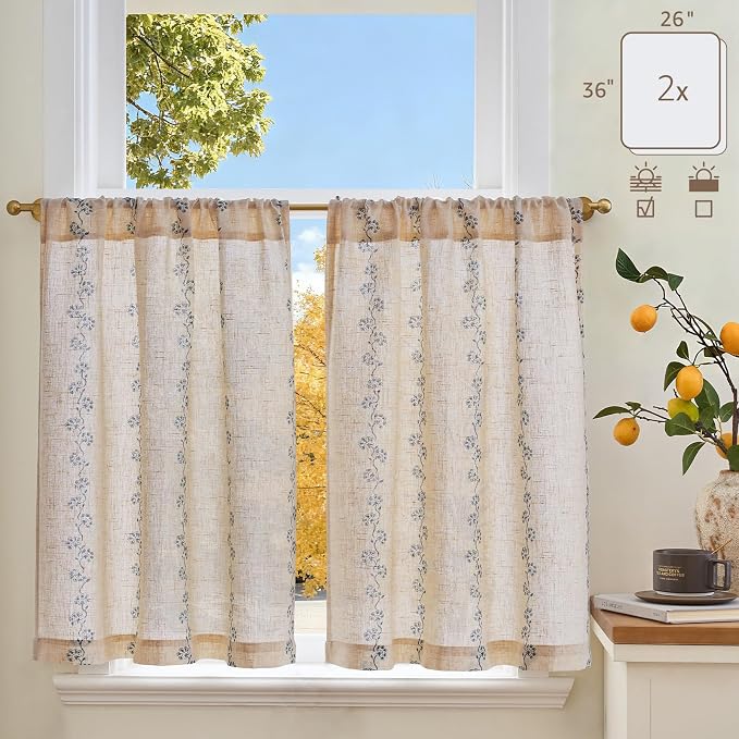 jinchan Katy Linen Floral Kitchen Curtains 36 Inches Length Stripe Cafe Curtains Farmhouse Cottagecore Tier Small Window Drapes for Living Room Light Filtering Rod Pocket 2 Panels Blue on Linen
