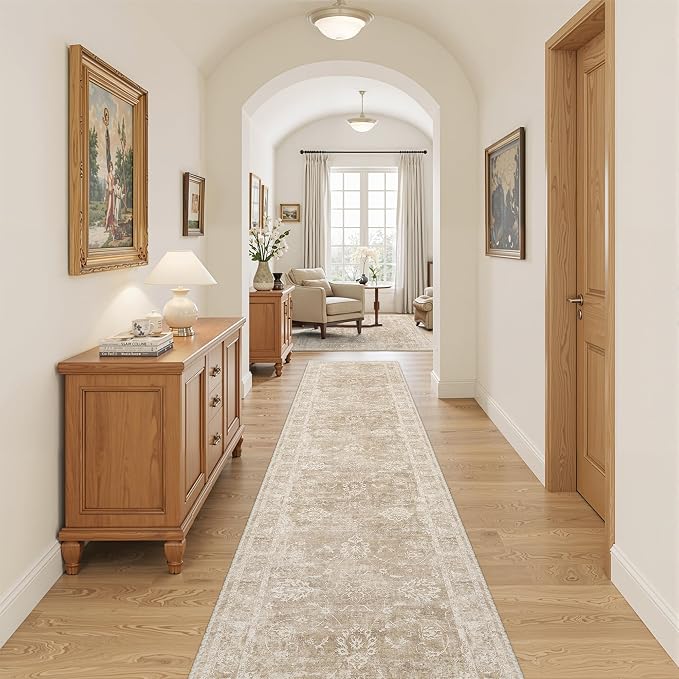 Madane Runner Rug 2x12 for Hallway, Kitchen Non-Slip Runner Rug with Rubber Backing, Vintage Soft Low Pile Throw Neutral Carpet Runner for Laundry Room Entryway Bathroom Bedroom (2 x 12, Beige/Brown)