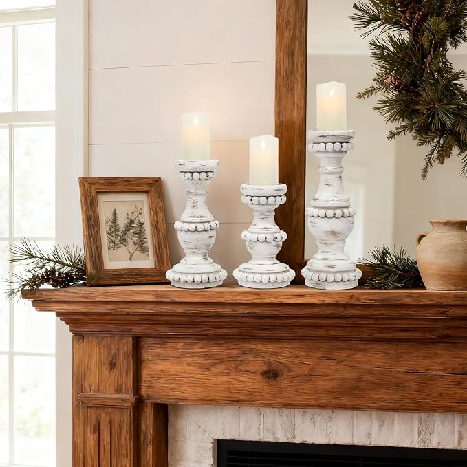Farmhouse Large Candle Holders for Pillar Candles, Rustic Wooden Beaded Candle Holder, Perfect for Table Centerpieces, Coffee Table or Fireplace Mantel, 3 Piece Set (White)