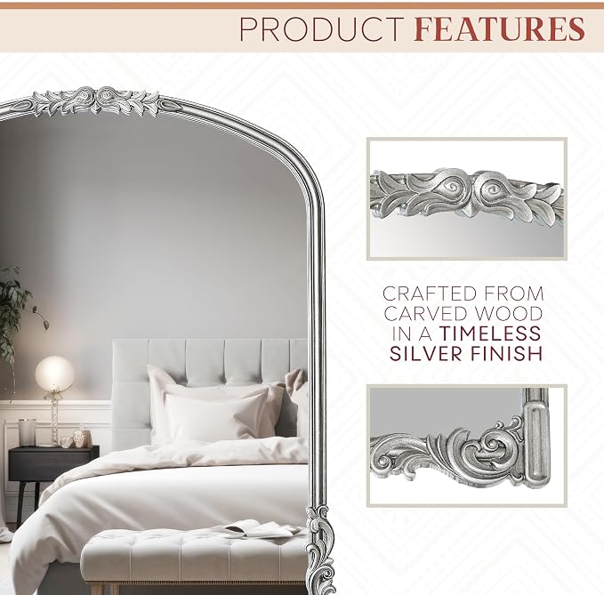 Wylde Iris English Estate Carved Arch Wood Wall Mirror, Mirror for Entryway, Living Room, Bathroom, Antique Silver, 25.6x33.4