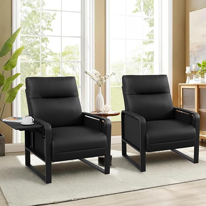 Black PU Leather Accent Chairs Set of 2 with Foldable Side Table | Modern Upholstered Armchair Leisure Side Chairs for Living Room Bedroom Comfy Reading Chair Office Club Chair with Metal Legs