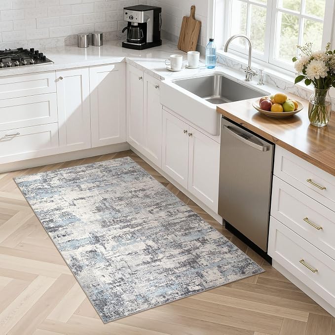 Hallway Washable Runner Rug: 3x5 Abstract Modern Soft Stain Resistant Non-Slip Backing Runner for for Entryway Kitchen Laundry Living Bathroom - Blue Grey