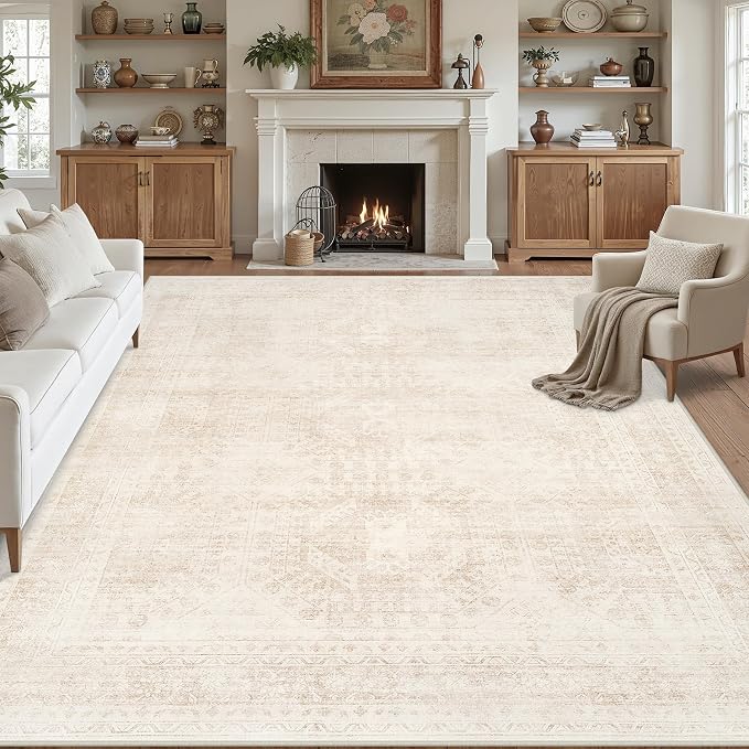 10x14 Area Rugs for Living Room: Vintage Boho Neutral Washable Rug Indoor Soft Large Area Rug Carpet for Bedroom Nursery Farmhouse Dining Room Office Floor Non-Slip Low Pile Under Table Rug Beige