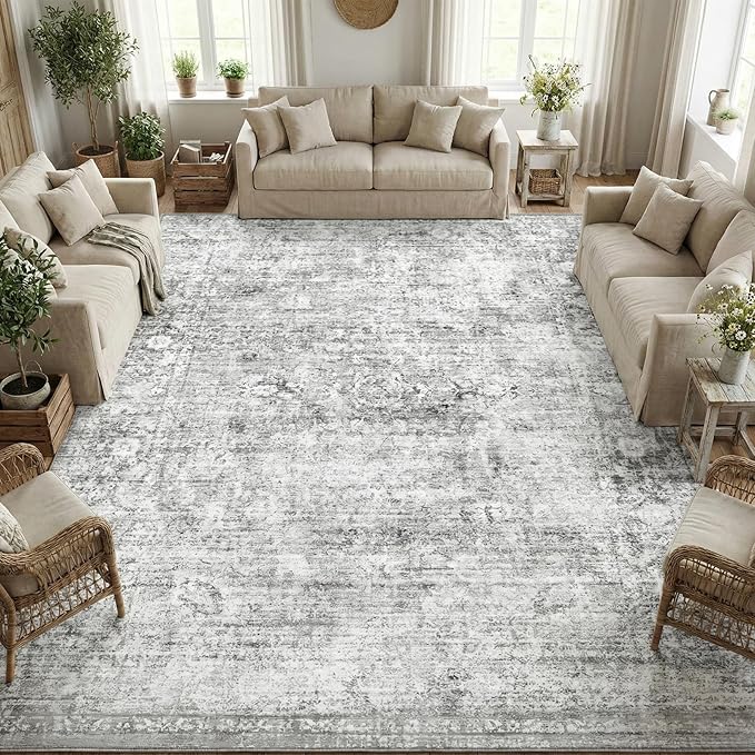 Homemate Washable Rug 10x14 Area Rugs - Vintage Faux Wool Rugs for Living Room Bedroom Dining Room - Non Slip Foldable Carpet Indoor Area Rug for Home Decor（10'x14', Grey