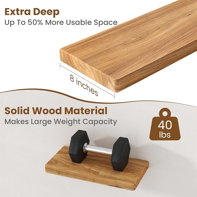 Floating Shelves for Wall, 18"Wx8"D Rustic Solid Elm Wood Floating Shelves Wall Mounted, Round Edge Wall Shelves with Invisible Bracket for Living Room Bathroom Bedroom Kitchen, Set of 2, Natural