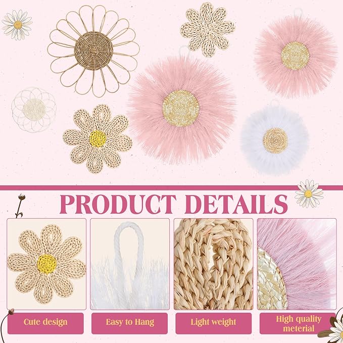 Chunful 7 Pcs Boho Wall Basket Decor Rattan Flower Wall Decor Nursery Daisy Flower Woven Macrame Hanging Flowers for Baby Kids Girls Farmhouse Bedrooms Living Rooms Kitchen Home(Pink)
