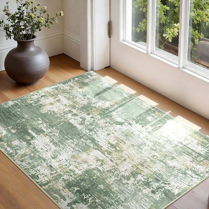 RELEANY Washable Area Rugs 3'x5' Non-Slip Modern Abstract Soft for Living Room Entryway Bedroom Kitchen, Print Pattern, Light Green/Yellow