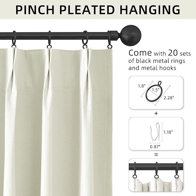 ChrisDowa Ivory Pinch Pleated Blackout Linen Curtains 72 inches Long 2 Panels for Living Room Bedroom Farmhouse Room darking Thermal Insulated Back Tab Hooks Rings Window Treatment Drapes,40x72