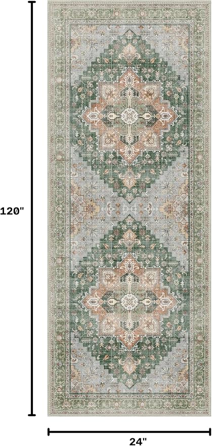 GENIMO 2x10 Runner Rugs for Hallway, Machine Washable Non Slip Vintage Rugs, Low Pile Lightweight Soft Print Rug for enrtyway, Corridor, Home Office, Kitchen,Sage Green