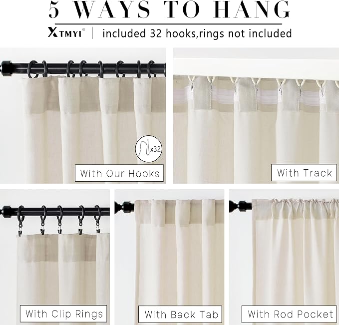 XTMYI 63 Inches Long Beige Country Curtains for Living Room,Sheer Linen Curtains for Bedroom