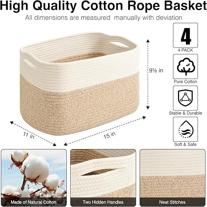 ICERZCZ Storage Baskets for Organizing & Shelves, Woven Cotton Rope Organization Bins for Dog Toys, Clothes, Books, Nursery Organizer, 15" Lx11''Wx9.5''H, (4 Packs) Off White & Brown