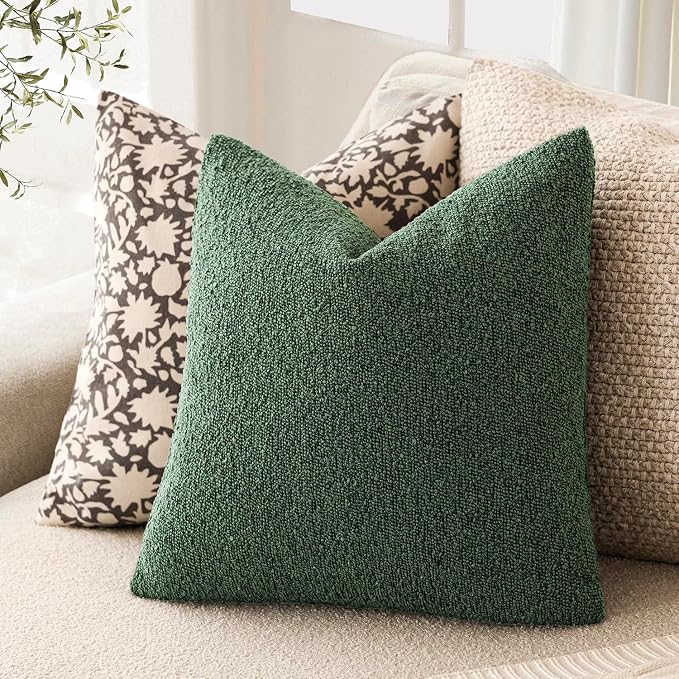 Foindtower Pack of 2 Textured Boucle Throw Pillow Covers Neutral Accent Solid Decorative Pillow Cases Cozy Woven Couch Cushion Case for Sofa Bedroom Living Room Home Decor 20x20 Inch Pine Green