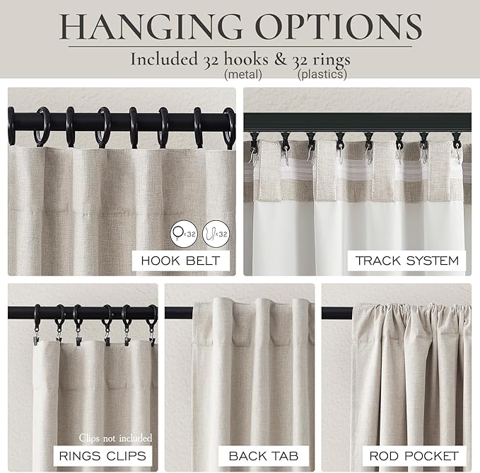 QJmydeco 107 Inch Long Insulated Backout Curtains, 9ft Floor Length Elegant Curtain for Living Room Thick Soundproof/Block Out/Draps for Bedroom Windows (W50 xL107 2Panels Natural Tan Linen)