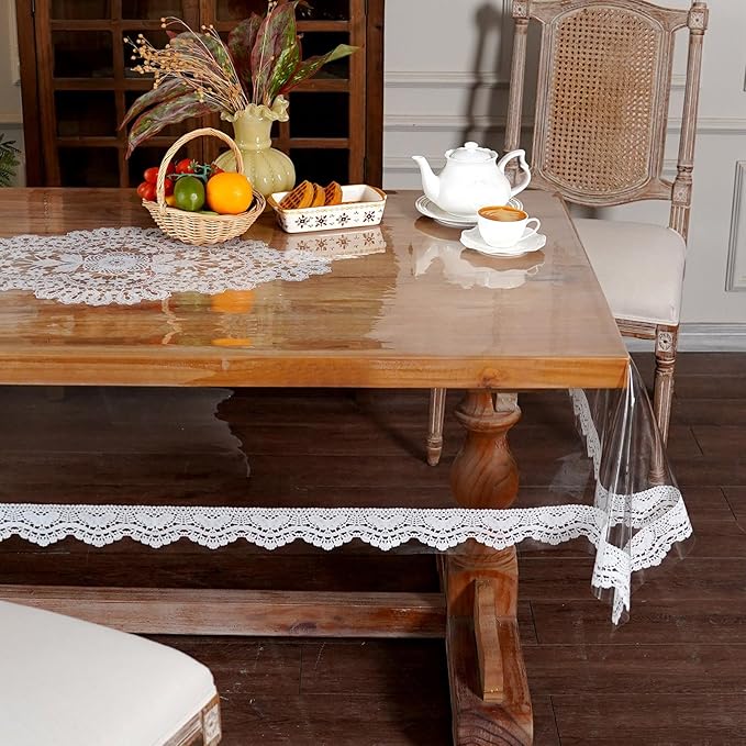 Clear Table Protector Cover Vinyl Rectangle PVC Tablecloth with Printed Crocheted Lace Waterproof Oil Proof Wipeable Plastic Tablecloths for Home Kitchen Dining Table (Lace, 55 x 120 Inches)