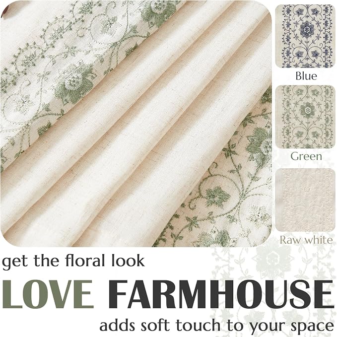 jinchan Green Floral Embroidered Linen Kitchen Curtains 54×45 Inch 2 Panels | Light filtering, back tab, rod pocket, cafe curtains for kitchen bedroom living room, cottage farmhouse, small window