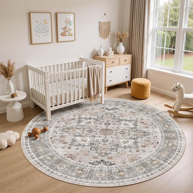 8ft Round Area Rug: Washable Vintage Neutral Soft Non Slip Thin Large Floor Carpet for Living Room Bedroom Kitchen Dining Room Home Office Farmhouse Indoor - Taupe