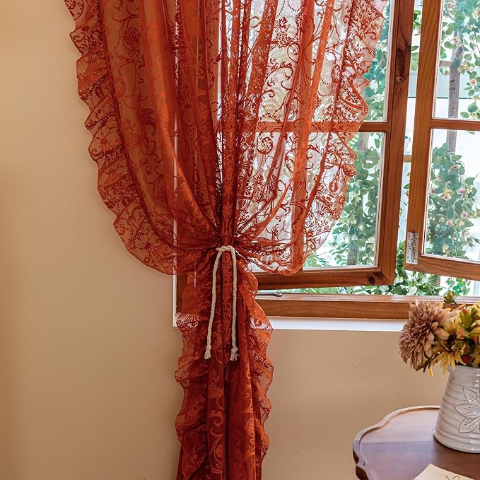 TUDECO Orange Curtains for Living Room - Bright Floral Curtains 72 Inch Length, Light Filtering Sheer Ruffled Rod Pocket Rust Room Decor 2 Panels, 59W x 72L Inch, Burnt Orange