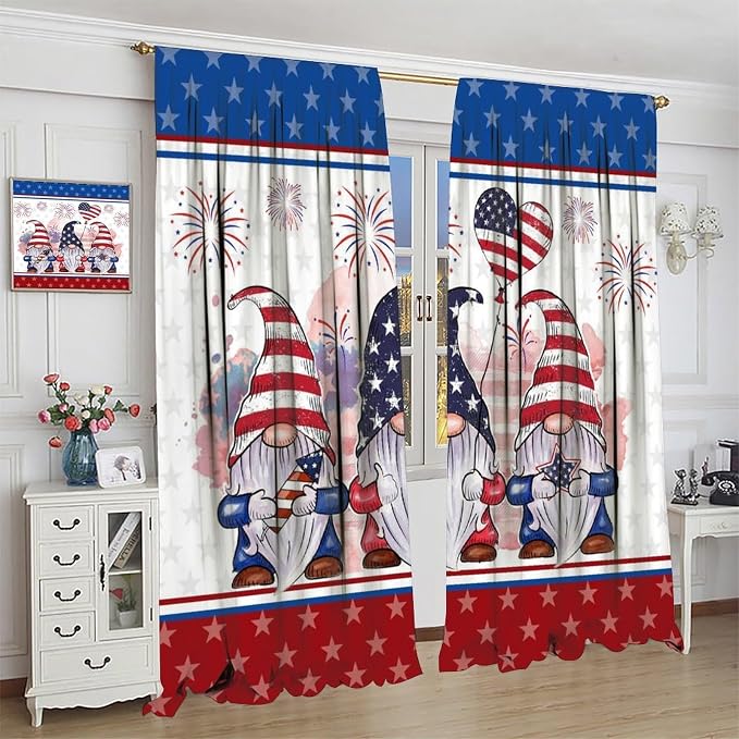 4th of July Curtain,Patriotic Independence Day Cute Gnome Print Drapes for Bedroom Living Room Kitchen Window Treatment 2 Panels Set Total Size 63" W X 72" L Inch