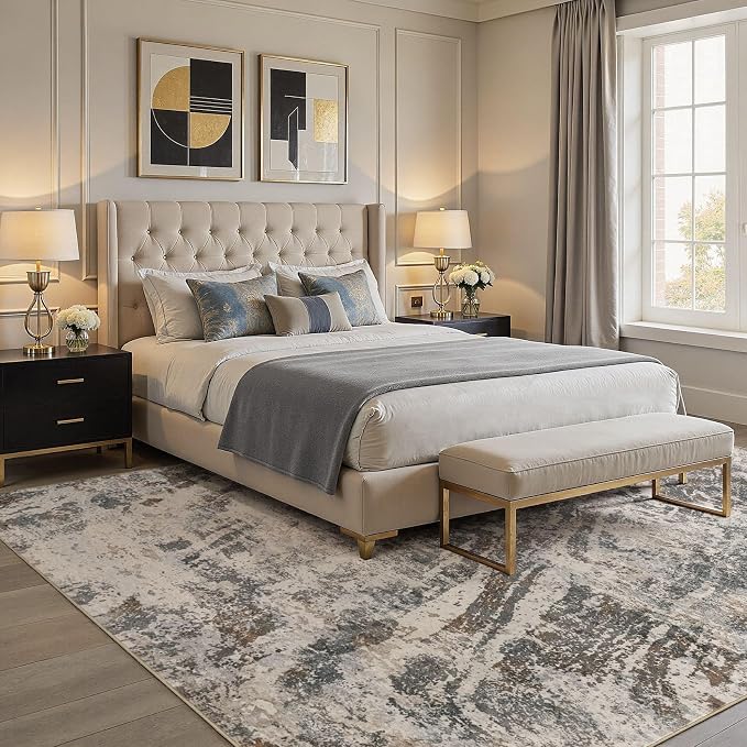 DMOYEST Area Rug Living Room Rugs - 8x10 Large Soft Indoor Neutral Modern Abstract Low Pile Washable Rug Carpet for Bedroom Dining Room Farmhouse Home Office-Dark Brown/Grey