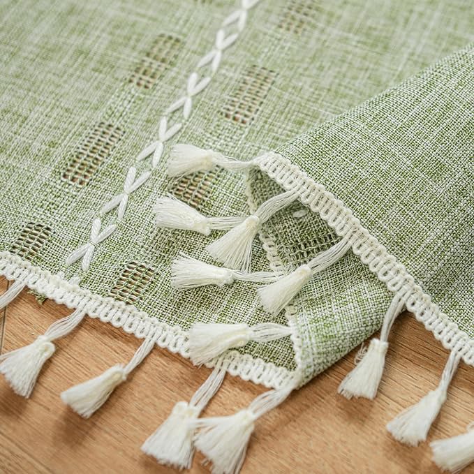 Deeprove Boho Valance Window Kitchen Curtain Over Sink, Short Textured Striped Tassel Drape Tier Embroidered Shabby Chic for Cafe Dining Bathroom Closet, W52 x L18 inch Rod Pocket 1 Panel Sage Green