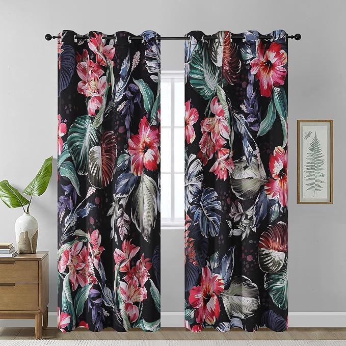 Estelar Textiler Boho Floral Thermal Insulated Blackout Curtains for Bedroom 84 inch Long 2 Panels，Garden Flowers and Leaf Farmhouse Mid Century Black Out Grommet Drapes for Living Room，52Wx84L