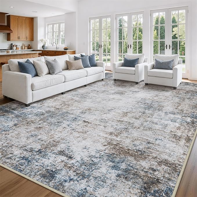 9x12 Area Rugs for Living Room Rug Washable: Abstract Large Rug for Dining Room Bedroom Carpet Non Slip 9 by 12 Indoor Modern Nursery Home Office White Brown Blue