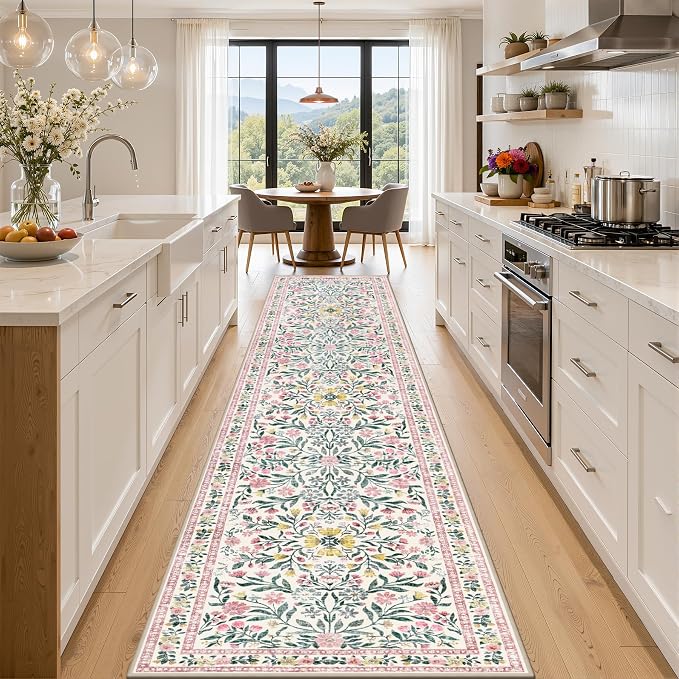 Runner Rug for Entryway: 2.6x14 Kitchen Rugs Non Slip Washable Ultra-Thin Soft Floral Carpet Indoor Floor Stain Resistant Carpets for Hallway Bedroom Kitchen Laundry Bathroom Dorm Pink/Green