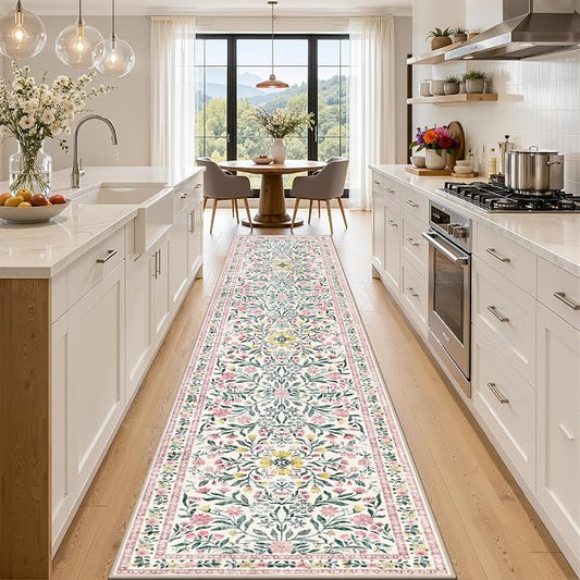 Runner Rug for Entryway: 2.6x14 Kitchen Rugs Non Slip Washable Ultra-Thin Soft Floral Carpet Indoor Floor Stain Resistant Carpets for Hallway Bedroom Kitchen Laundry Bathroom Dorm Pink/Green