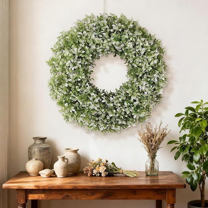 26" Large Artificial Boxwood Wreath for Front Door (White-Green) | Waterproof Fade Resistant,Premium Durable,Faux Aglaia Odorata Wreath,for Wall Window Farmhouse Outdoor All Seasons Decor