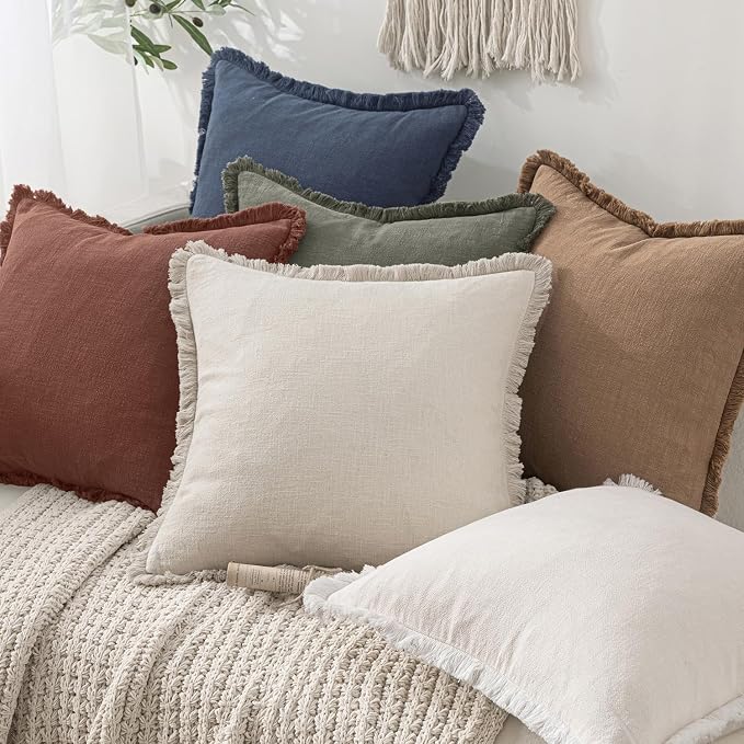 MIULEE Decorative Throw Pillow Covers Neutral Linen Fringe Throw Pillows Set of 2 Autumn Glaze Boho Farmhouse Cushion Covers with Tassels for Couch Sofa Bed Living Room Fall Decor 20x20 Inch
