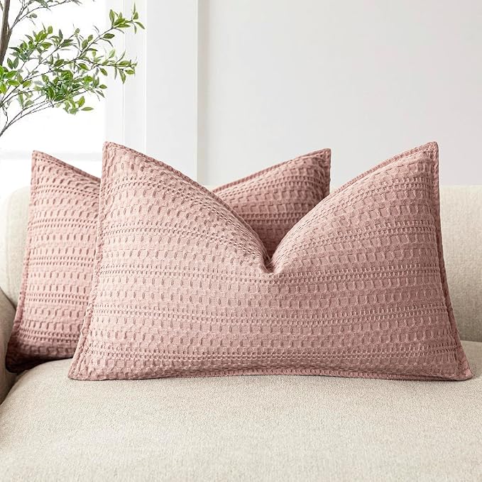 Foindtower Set of 2 Decorative Cotton Waffle Weave Lumbar Throw Pillow Covers Euro Shams Cushion Covers Accent European Pillowcase for Bed Couch Bedroom Living Room Home Decor 12×20 Inch Dusty Pink