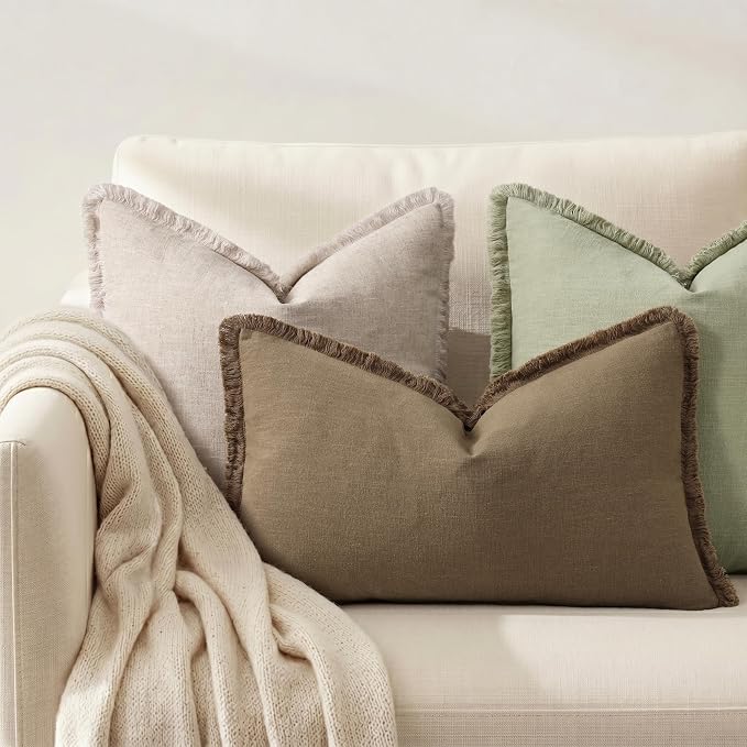 decorUhome Linen Fringe Lumbar Throw Pillow Covers Set of 2 Decorative Light Brown Pillow Covers with Tassels Soft Accent Boho Farmhouse Pillow Cases for Couch Bed Sofa 12x20 Inch