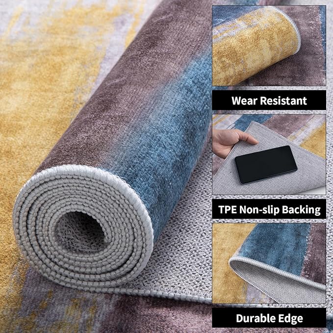 Ciicool Modern Abstract Yellow Blue Rug for Living Room, 6'x9' Machine Washable Area Rug Non-Slip Rug, Low-Pile Contemporary Indoor Dining Floor Carpet for Bedroom Office Under Table Home Decor