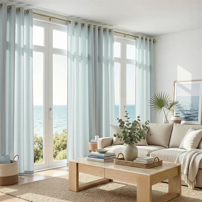 jinchan Linen Curtains 96 inch Aqua Blue Stripe on White Grommet 2 Panels | Curtains for Living Room Bedroom,Ticking Vertical Stripe ,Modern Beachy Coastal Drapes,Window Treatment,Light Filtering