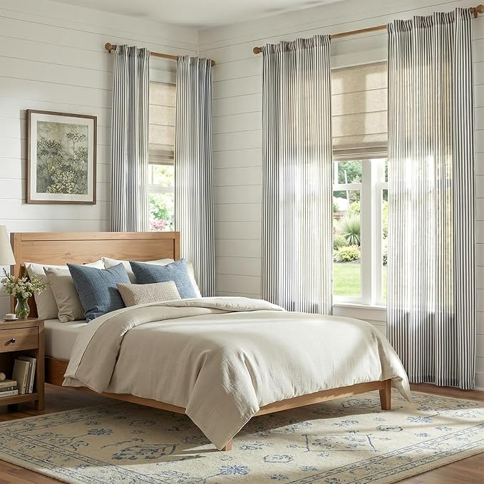 jinchan Linen Curtains 84 Inch Blue Stripe on Beige Back Tab 2 Panels | Curtains For Living Room Bedroom,Ticking Stripe, Farmhouse Cottage Core Rustic,Rod Pocket Window Treatment,Light Filtering