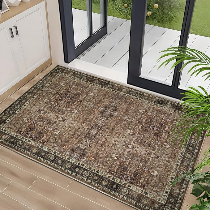 Washable 2×3 Area Rug for Entryway Indoor, Thin Vintage Floral Small Area Rug Soft Non Slip Stain Resistant Boho Carpet for Front Door Kitchen Bedroom Brown Floral