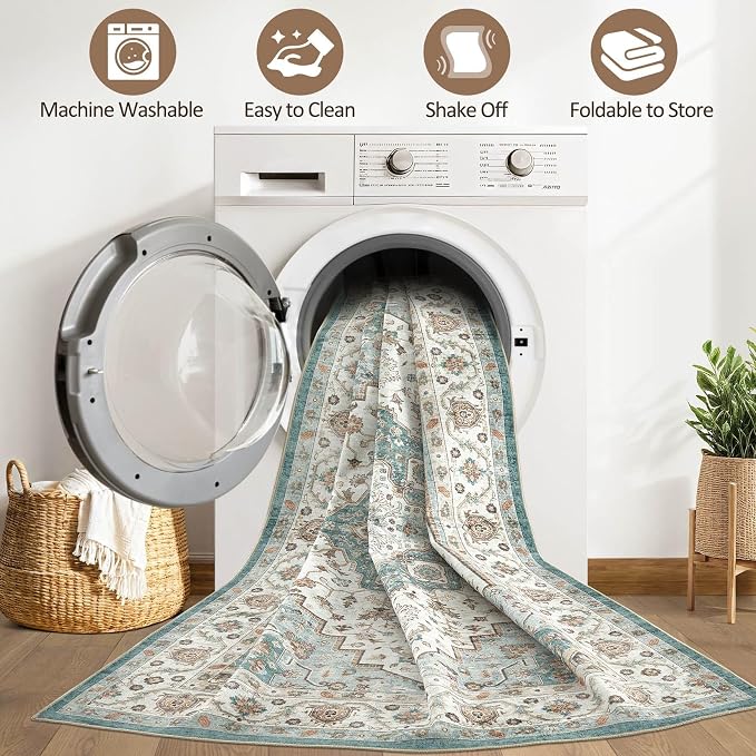 6x8 Area Rug Living Room: Washable Boho Large Neutral Vintage Soft Rug Stain Resistant Farmhouse Non-Slip Indoor Floor Carpet for Bedroom Nursery Kids Playroom Office Dining Room Home- Teal Brown