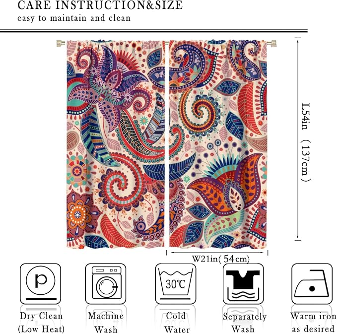 Boho Decorative Curtains Bedroom Living Room Rod Pocket Curtains, Vintage Boho Grill Floral Pattern 2 Panel Set, 42x54 in.